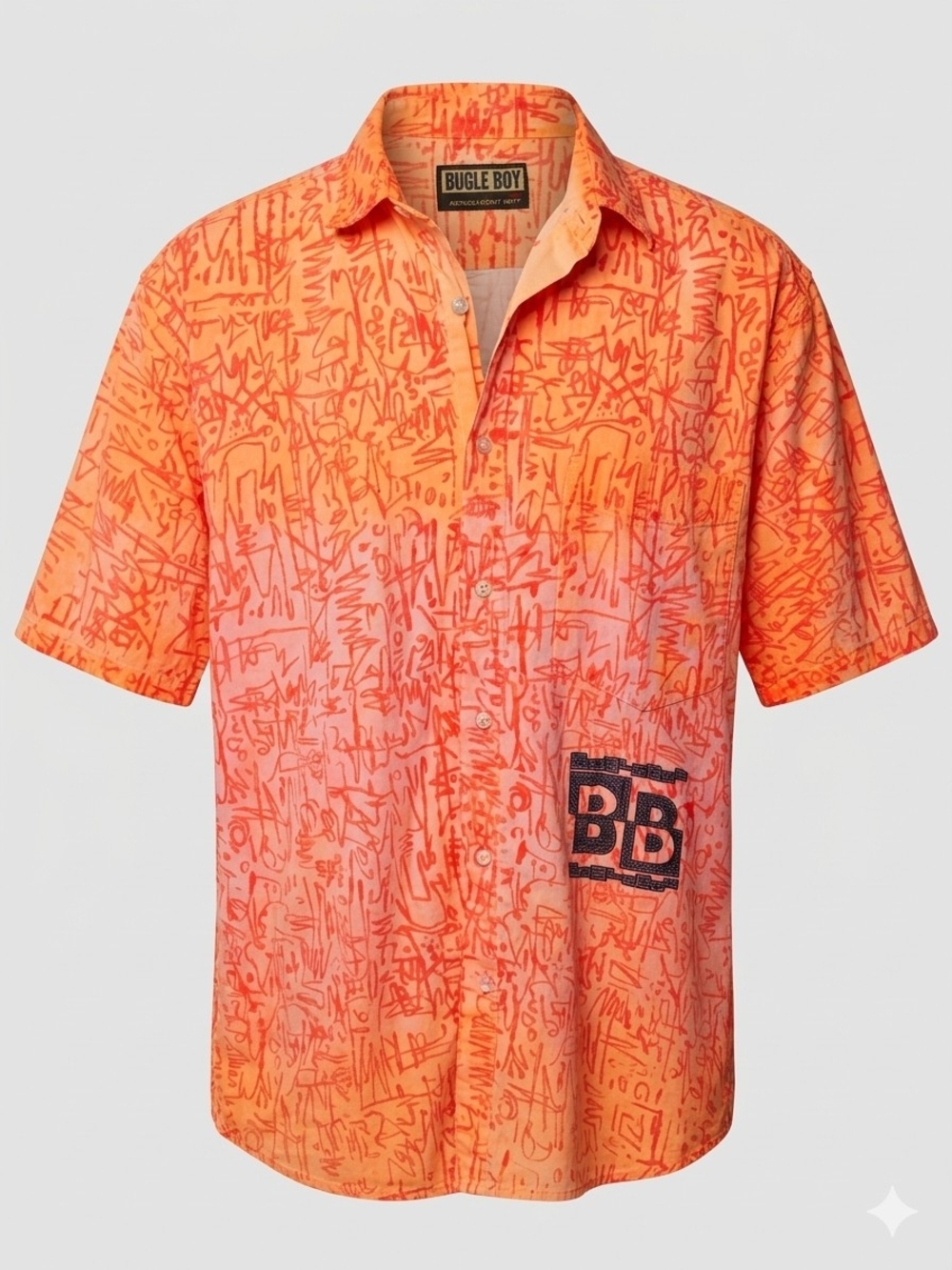 Bugle Boy Vintage 80s-90s Button-up W/ Scribble Pattern Orange Coral Dip Dyed
